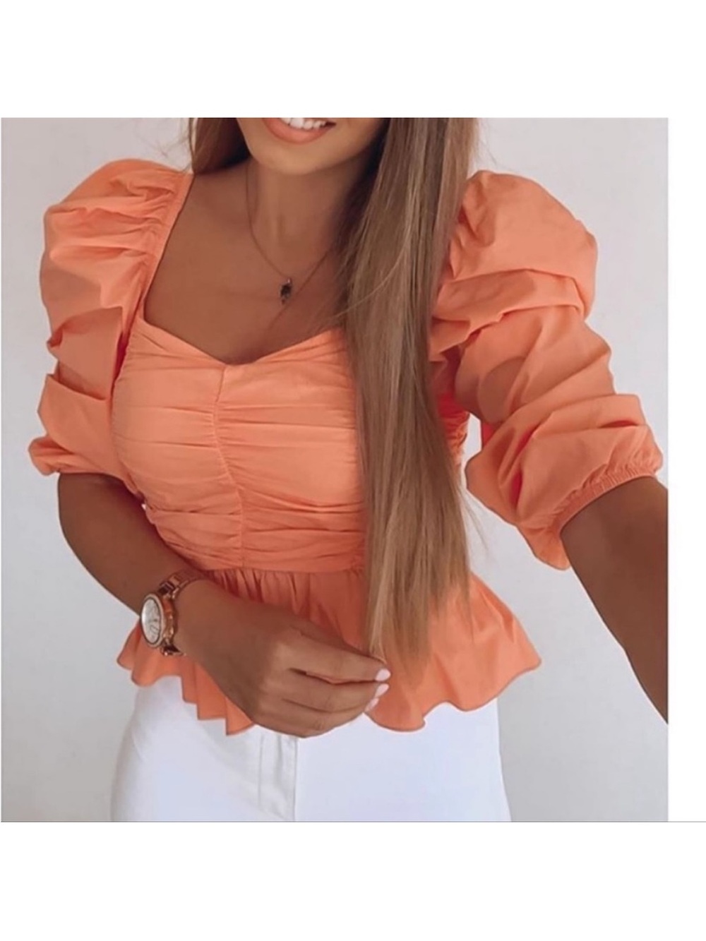 Zara Peach Puff Sleeve Ruched Sweetheart Crop Top - Picture 2 of 6